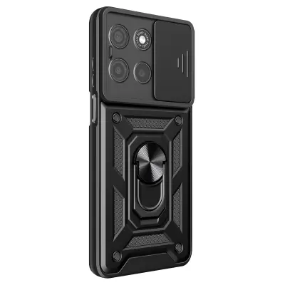 Ovitek za Moto G15 / G15 Power z obročnim stojalom in drsnim pokrovom kamere, Črna