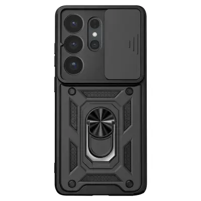 Etui za Galaxy S26 Ultra s prstanastim stojalom in drsnim pokrovčkom kamere, Črna