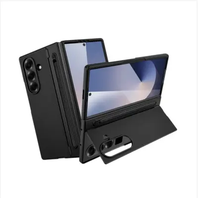 Foldable Phone Case Compatible with Samsung Galaxy Z Fold7 with Built-in Tempered Glass Screen Protector and S Pen Holder - Black PC Shell with Kickst