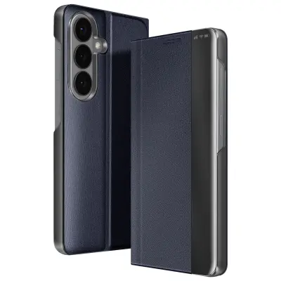 Preklopni etui za Galaxy S26 ultra tanek dvo-materialni z video stojalom, Nočno modra
