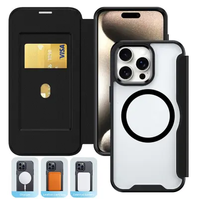 Črna magnetna denarnica iz PU usnja, združljiva z iPhone 16 - RFID zaščita