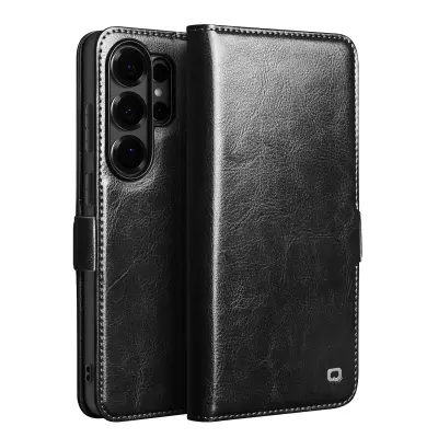 Qialino, Vintage denarnica etui Galaxy S26 Ultra, video stojalo, Črna