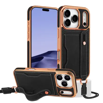 Shockproof PU+TPU iPhone 17 Air Case with Crossbody Lanyard and Card Slot