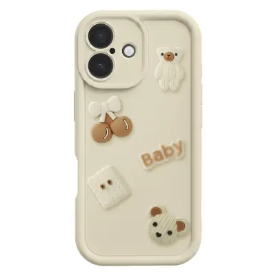 Ovitek za iPhone 16 s 3D Kawaii Medvedki in Dvignjenim Robom, Bež