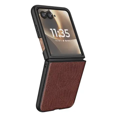 Ovitek za Motorola Razr 70 Ultra Videz Usnja Krokodil Odprt Zaslon, Rjava