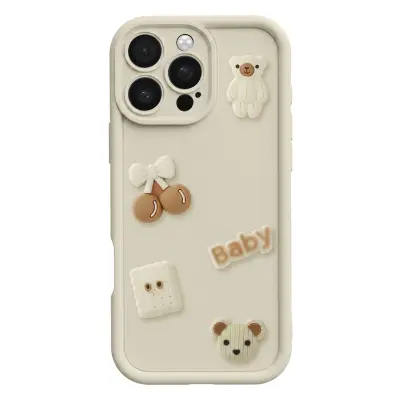 Ovitek za iPhone 16 Pro Max s 3D Kawaii Medvedki in Dvignjenim Robom, Bež