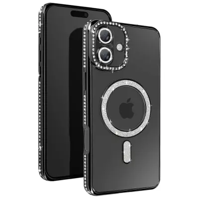 Diamantno ohišje za telefon iiPhone 16 Plus Zaščita MagSafe Contour Strass, Črna
