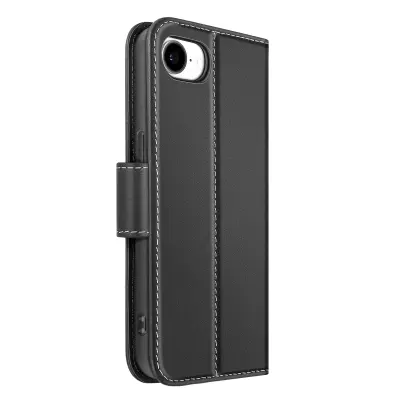 Premium usnjena torbica za iPhone 17e s predalom in stojalom, Črna