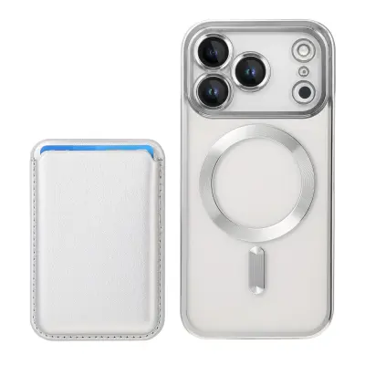 Srebrn magnetni etui, združljiv z iPhone 17 Pro Max - galvaniziran PC z držalom za kartice
