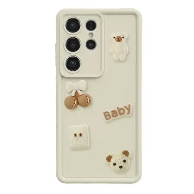Ovitek za Galaxy S26 Ultra s 3D Kawaii Medvedki in Dvignjenim Robom, Bež