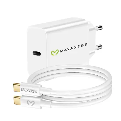 Mayaxess, Omrežni polnilnik za iPhone 15 Pro 20W + 1m USB-C kabel, Bela