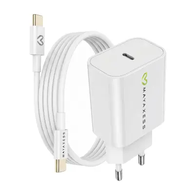 Mayaxess, Omrežni polnilnik za iPhone 16 Pro 20W + 1m USB-C kabel, Bela