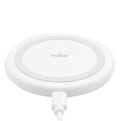 PURO, Brezžični polnilnik Qi 10W z vhodom USB-C in kablom USB-A na USB-C 1m, Bela