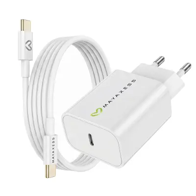 Mayaxess, Omrežni polnilnik za iPhone 16 Plus 20W + 1m USB-C kabel, Bela