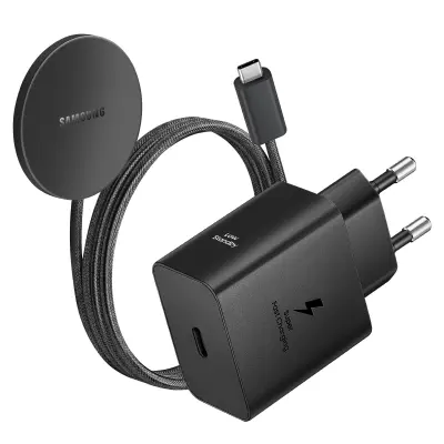 Samsung, Brezžični polnilec Qi2 25W za Galaxy S25 / S26 s stenskim polnilcem USB-C 45W, Črna