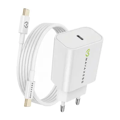 Mayaxess, Omrežni polnilnik za iPhone 16e 20W + 1m USB-C kabel, Bela