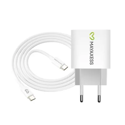 Mayaxess, Omrežni polnilnik za iPhone 15 Plus 20W + 1m USB-C kabel, Bela