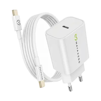 Mayaxess, Omrežni polnilnik za iPhone 16 Pro Max 20W + 1m USB-C kabel, Bela