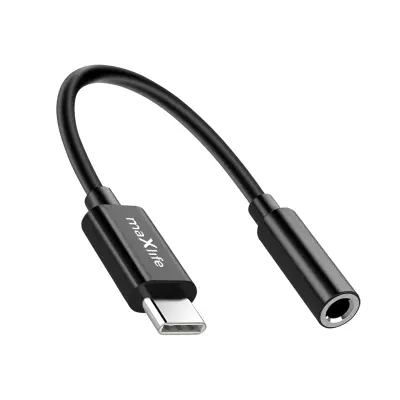 Maxlife, Avdio adapter Jack 3.5mm ženski na USB-C moški, kompakten, 13.5cm, Črna