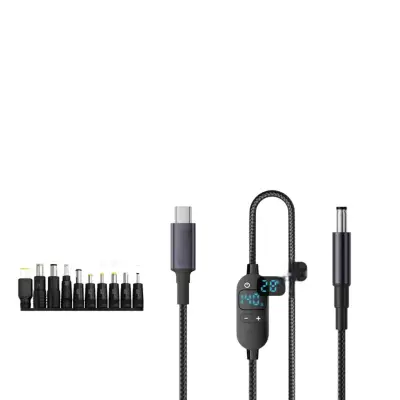 Večfunkcijski nastavljiv polnilni kabel Type-C na DC z digitalnim zaslonom  6-stopenjska napetost 5/9/12/15/20/28V, 140W PD3.1, 10 DC nastavkov