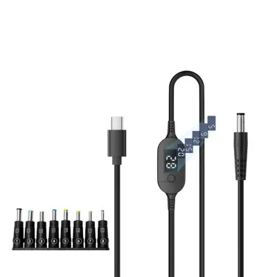 Nastavljiv USB-C na DC kabel 1 m z digitalnim zaslonom, 8-v-1 DC adapterji, 140W PD3.1, 6 napetostnih stopenj, črn