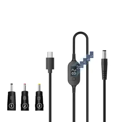 Kabel USB-C na DC 5,5×2,5 mm z nastavljivo napetostjo in digitalnim prikazom 1 m + 3 DC adapterji, črn — PD3.1 140W, 6-stopenjski izbor napetosti