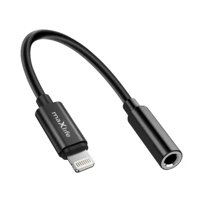 Maxlife, Avdio adapter Jack 3.5mm ženski na Lightning moški, kompakten, 13.5cm, Črna