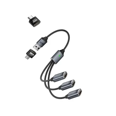 USB 3-v-1 razdelilec z USB-A na Type-C adapterjem, aluminij