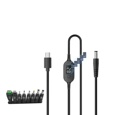 1 m nastavljiv kabel z digitalnim prikazom napetosti in 8-v-1 zelenimi gumijastimi DC adapterji, Type-C na DC PD3.1 140W (28V5A)