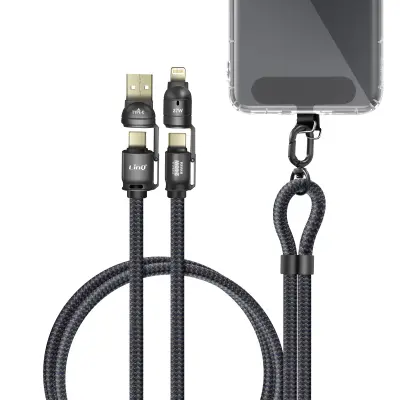 LinQ, Vrvica za okoli vratu 4 v 1 USB 5A USB-C 240W Lightning hitro polnjenje proti zapletanju, Črna