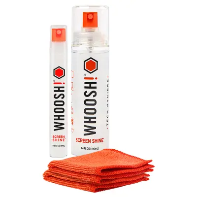 WHOOSH, Komplet za čiščenje zaslona Duo 100 ml + 8 ml z 2 antimikrobnima krpama, Prozorno