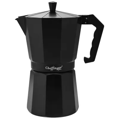Cheffinger, Italijanski kavni aparat 380ml 9 skodelic iz aluminija z ergonomskim ročajem, Črna