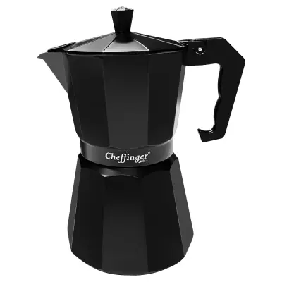 Cheffinger, Italijanski kavni aparat 320ml 6 skodelic iz aluminija z ergonomskim ročajem, Črna