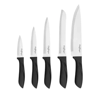 Cheffinger, Set 6 nožev iz inoxa z lesenim blokom in ergonomskimi ročaji, Črna / Srebrna