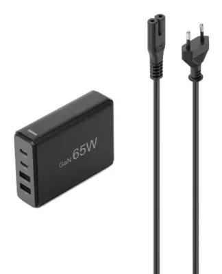 HAMA GaN 65W stenski polnilnik, 2x USB-C, USB-A črne barve