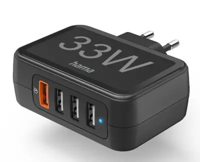 HAMA 33W 4xUSB stenski polnilnik (1xQC3.0, 3x USB-A) črne barve
