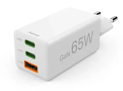 HAMA 65W PD USB-C USB-A stenski polnilnik bele barve