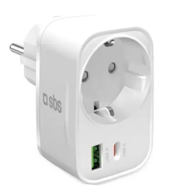 Stenski polnilnik SBS 20W z vtičnico USB-A USB-C bele barve