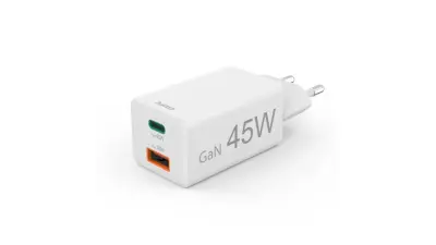 HAMA 1x USB-C Power Delivery USB-A QC Mini 45W stenski polnilnik bele barve 201993