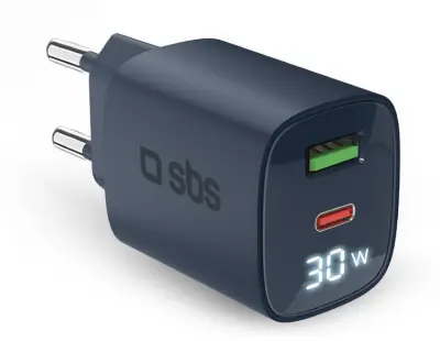 SBS USB + USB-C Gan stenski polnilnik sivo-moder