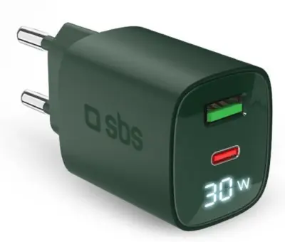 SBS 30W stenski polnilnik USB-A USB-C Gan LED zelen