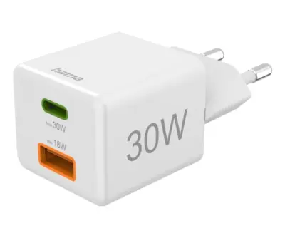HAMA Mini 30W PD/QC stenski polnilnik (1X USB-C, 1X USB-A) bel