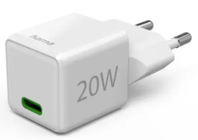 HAMA Supermini Power Delivery (PD)/Qualcomm 2.0/3.0 20W stenski polnilnik bele barve