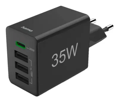 HAMA Power Delivery USB-C USB-A 35W črni stenski polnilnik