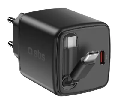 Stenski polnilnik SBS 30W USB-C GaN z zložljivim kablom črne barve