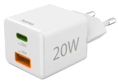 HAMA Mini 20W PD/QC stenski polnilnik (1X USB-C, 1X USB-A) bel
