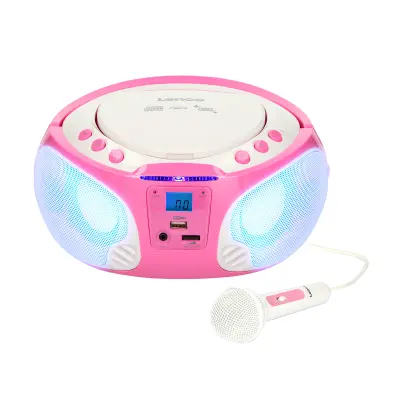 Lenco, Prenosni FM radio s CD/MP3/USB, mikrofonom in svetlobnimi učinki, Roza