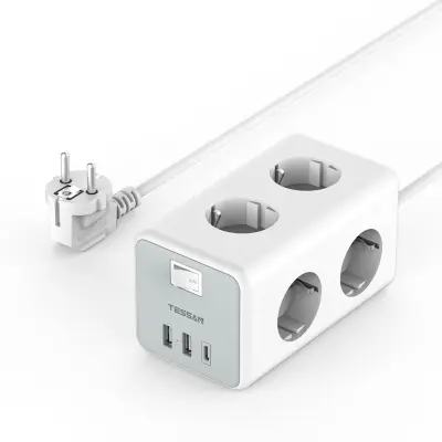 Namizni razdelilec TESSAN 306C (TS-306-C), 6x vtičnica, 2x USB-A, 1x USB-C, 2 m kabel
