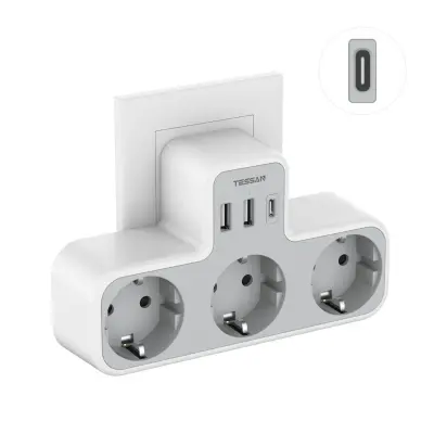 Stenski adapter TESSAN TS-323-C (TS-323-C), 3× AC, 2× USB-A in 1× USB-C