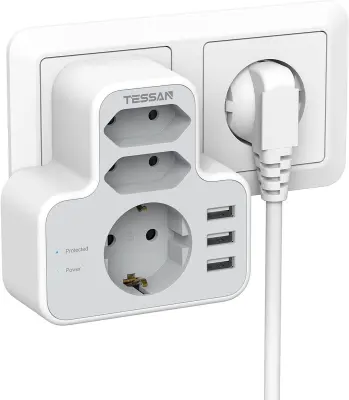 Vtični razdelilec TESSAN 327 (TS-327), 1x Schuko + 2x Euro vtičnici, 3x USB-A